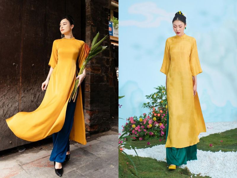 áo dài màu vàng phối với quần màu xanh