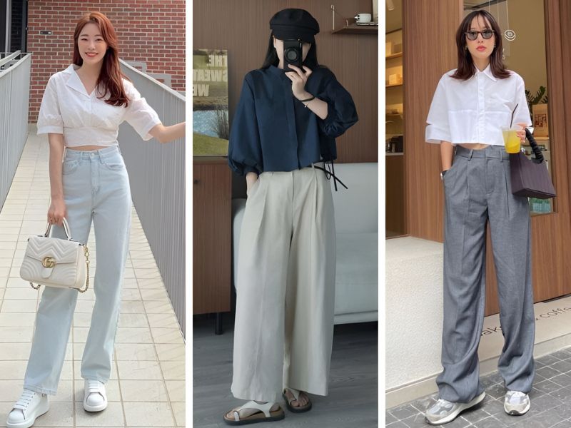Phối áo sơ mi croptop và quần ống suông