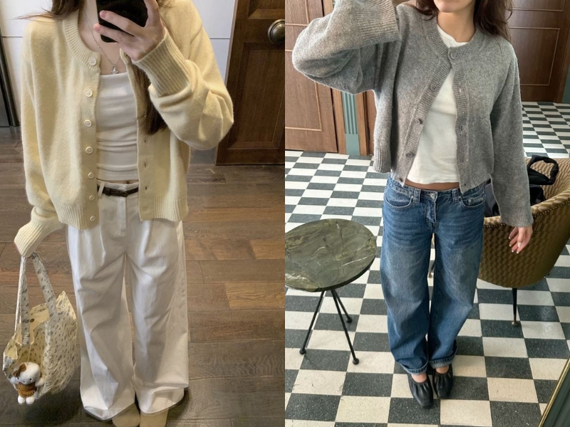 Phối áo cardigan mỏng cùng áo thun và quần jean ngày tết
