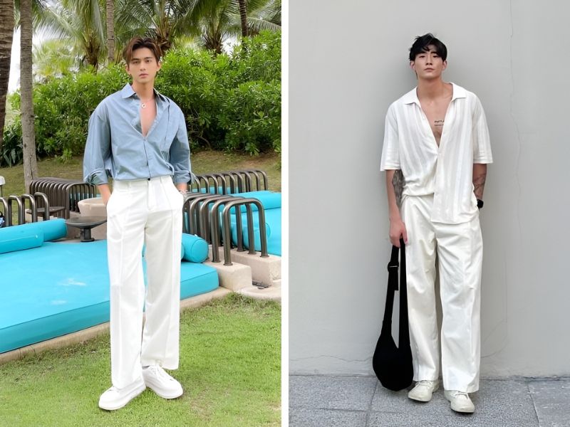 Phối áo sơ mi mở nút và quần ống suông cho nam