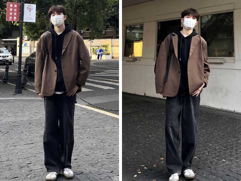 Phối áo blazer với quần ống rộng và hoodie nam