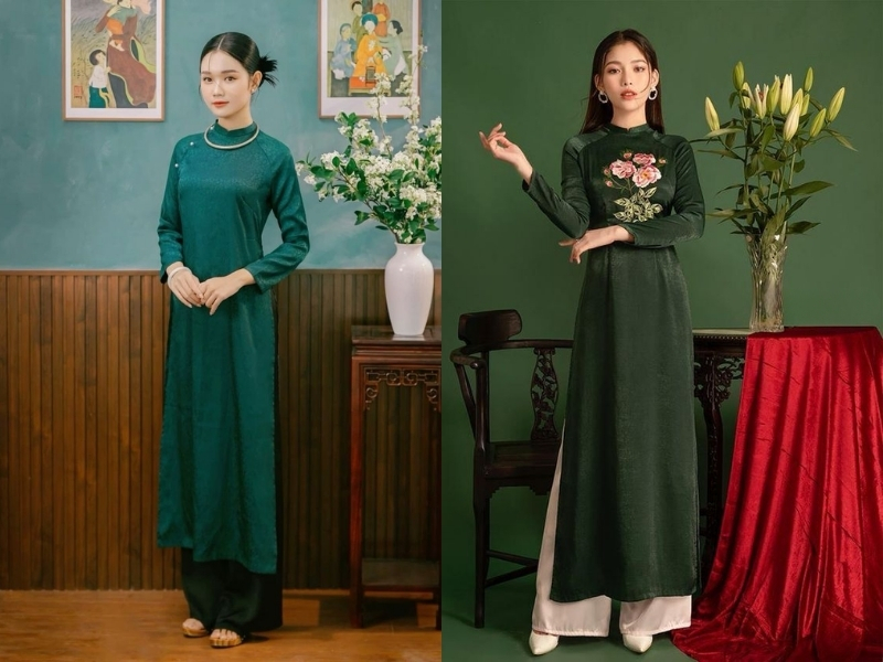 Áo dài xanh lá cây đậm cho nữ