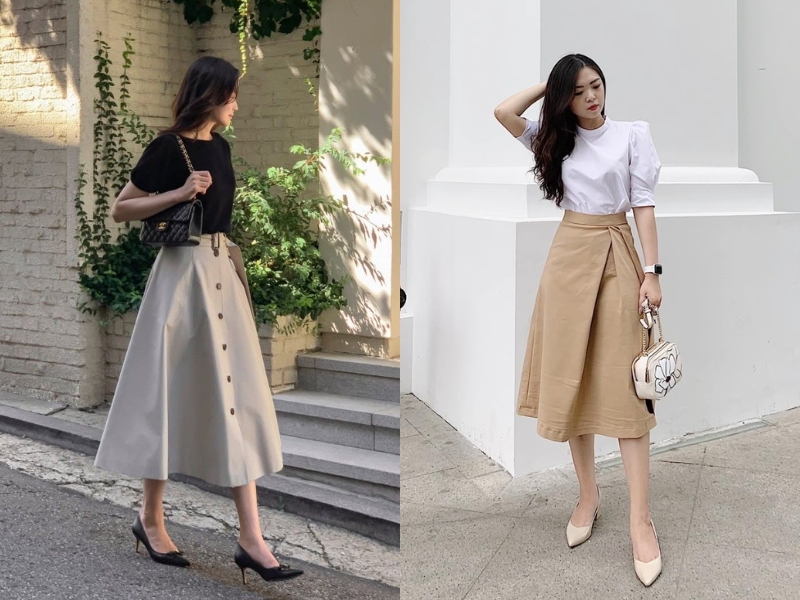 Váy chữ A khi đi cùng giày mũi nhọn