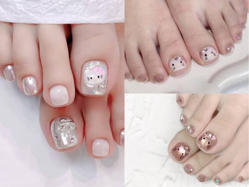 Mẫu móng chân đẹp chơi Tết Hello Kitty