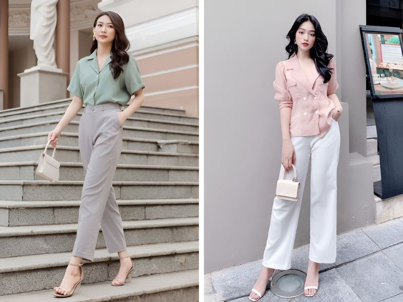 Phối áo sơ mi cổ vest và quần ống suông