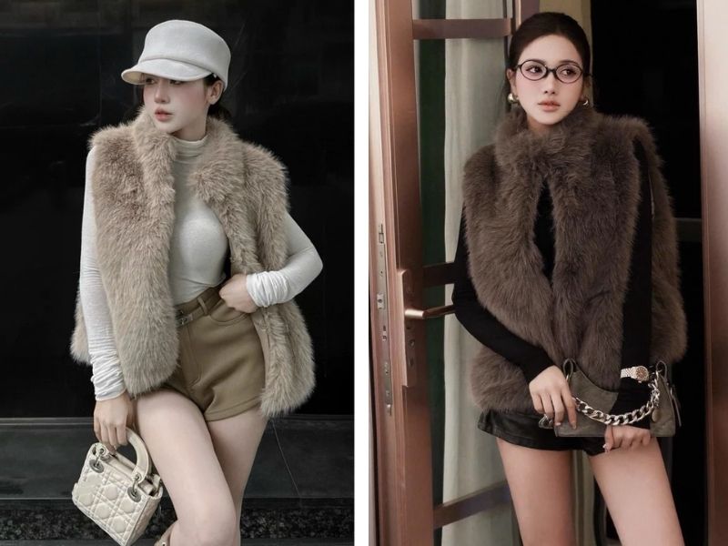 Phối áo khoác lông và quần short