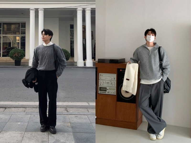 Phối áo sweater dáng rộng với quần vải ống suông 