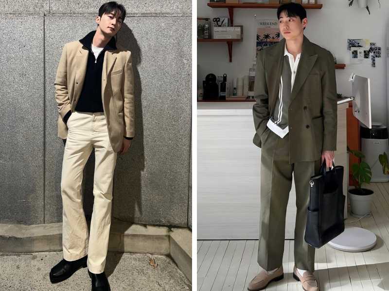 Áo blazer kết hợp với quần ống rộng và polo