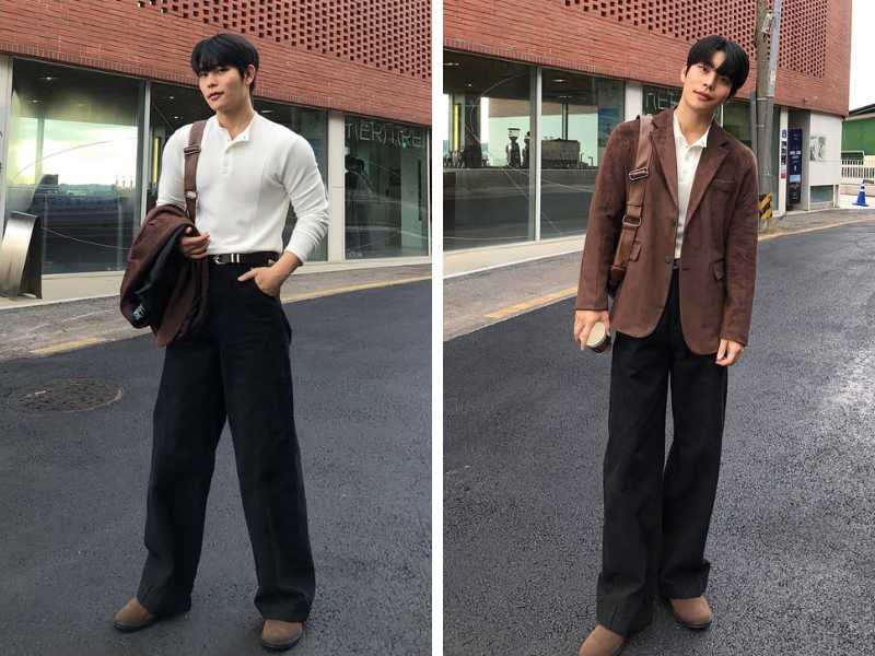 Phối áo blazer với quần ống rộng và polo nam