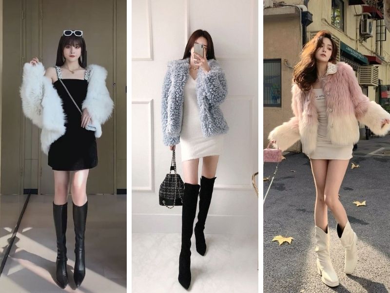 Phối áo khoác lông và váy bó sát