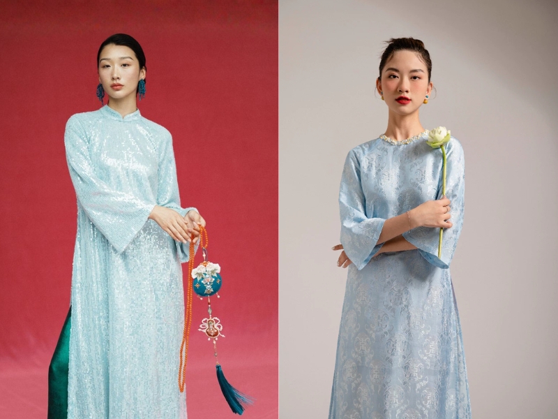 Mệnh thủy mặc áo dài màu xanh đính kim sa