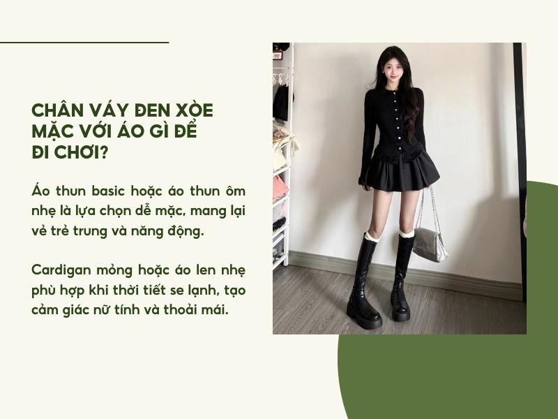 Chân váy đen xòe mặc với áo gì để đi chơi?