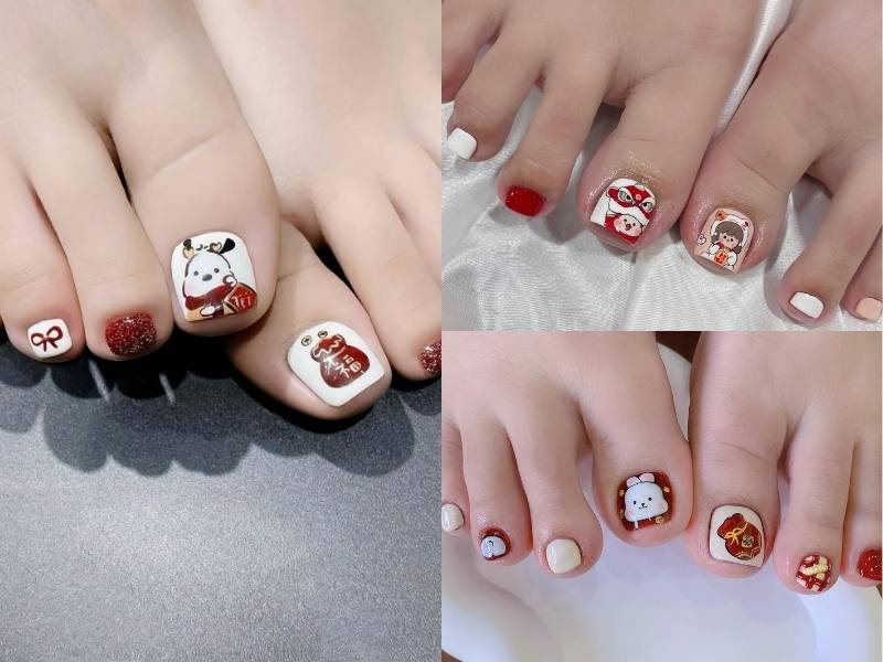 Mẫu sơn móng chân Tết hoạ tiết xuân