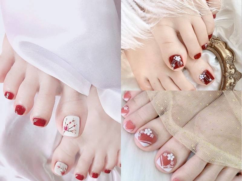 Mẫu móng chân đón Tết hoạ tiết hoa đào