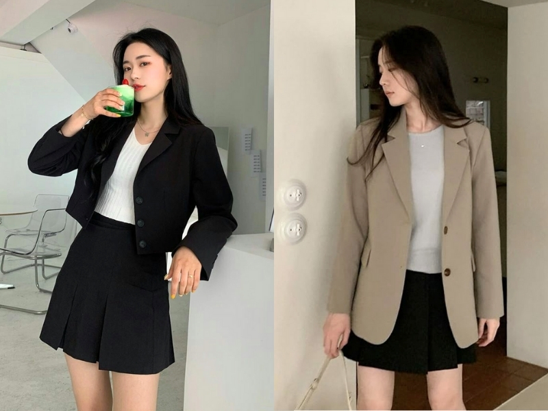 Chân váy xòe đen kết hợp với áo blazer