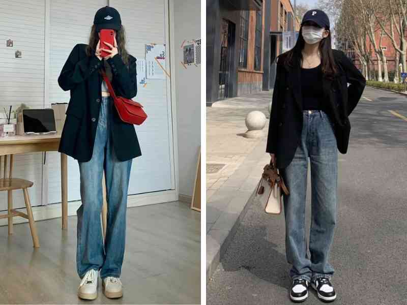 Áo blazer mix quần ống rộng và giày thể thao