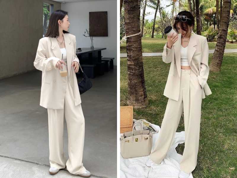 Áo blazer kết hợp với quần ống rộng và croptop