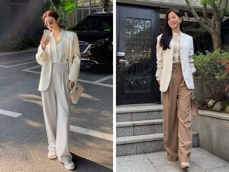 Phối áo blazer với quần ống rộng cho nữ lùn