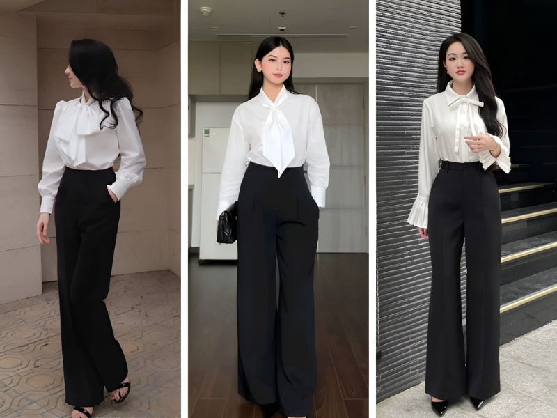 Phối áo sơ mi cổ nơ và quần ống suông