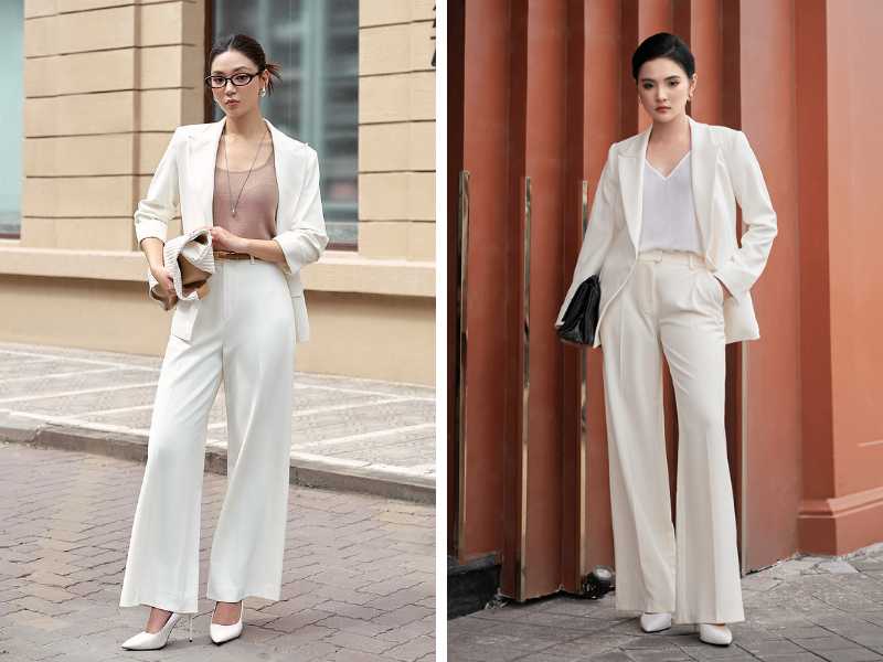 Phối blazer với quần ống rộng và áo hai dây