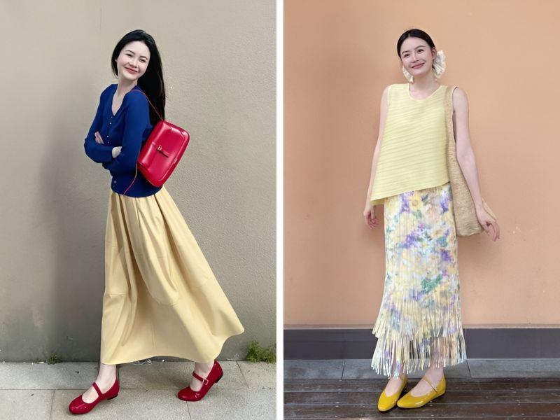 Phối chân váy dài và giày búp bê