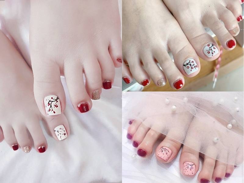 Mẫu nail chân đỏ Tết hoạ tiết hoa đào
