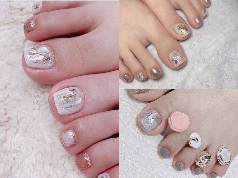 Mẫu móng chân đẹp chơi Tết khảm xà cừ