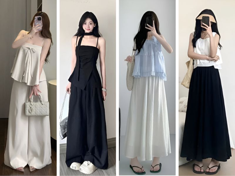 Phối áo hai dây và quần giả váy