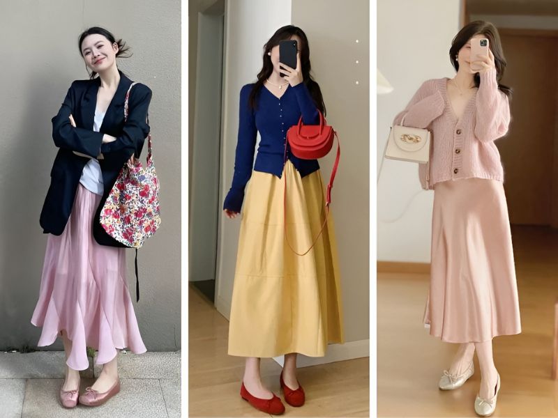 Phối chân váy và giày búp bê