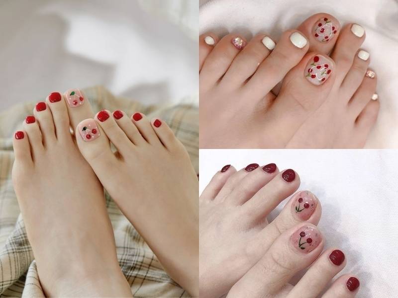 Mẫu nail chân Tết hoạ tiết trái cây