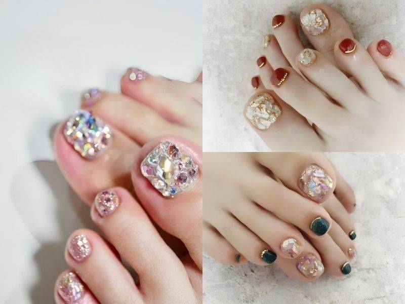 Mẫu mẫu nail chân Tết khảm xà cừ
