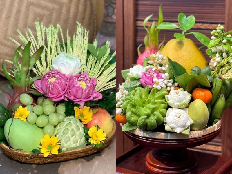 mâm ngũ quả trang trí với hoa