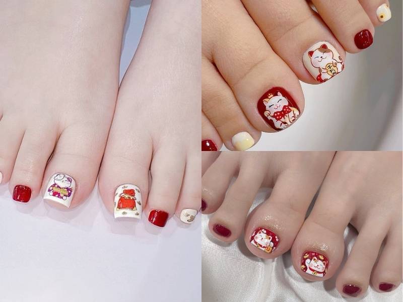 Mẫu móng chân đón Tết hoạ tiết mèo thần tài