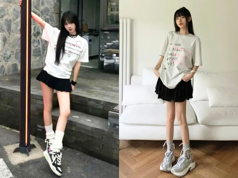 Phối đồ với chân váy xòe đen cùng áo thun basic