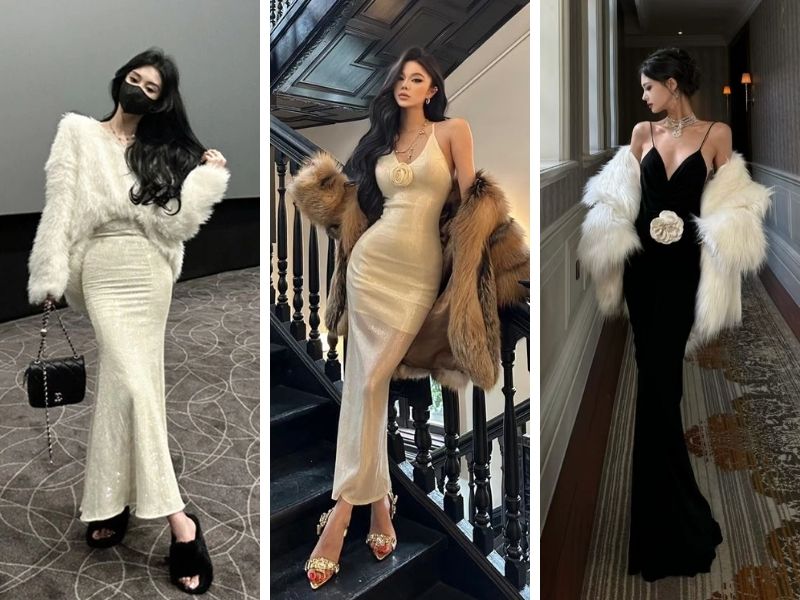 Phối áo lông và đầm đuôi cá