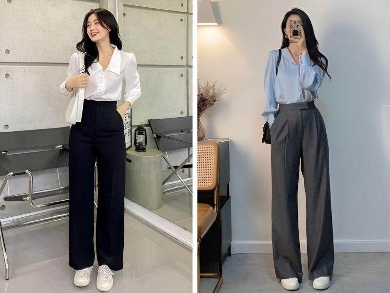 Phối quần ống suông và áo sơ mi cổ mềm