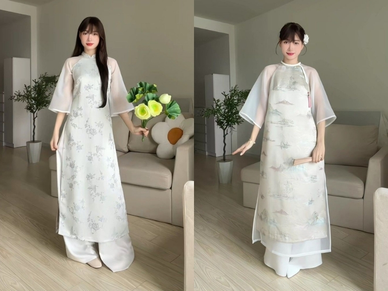 Áo dài trắng họa tiết truyền thống