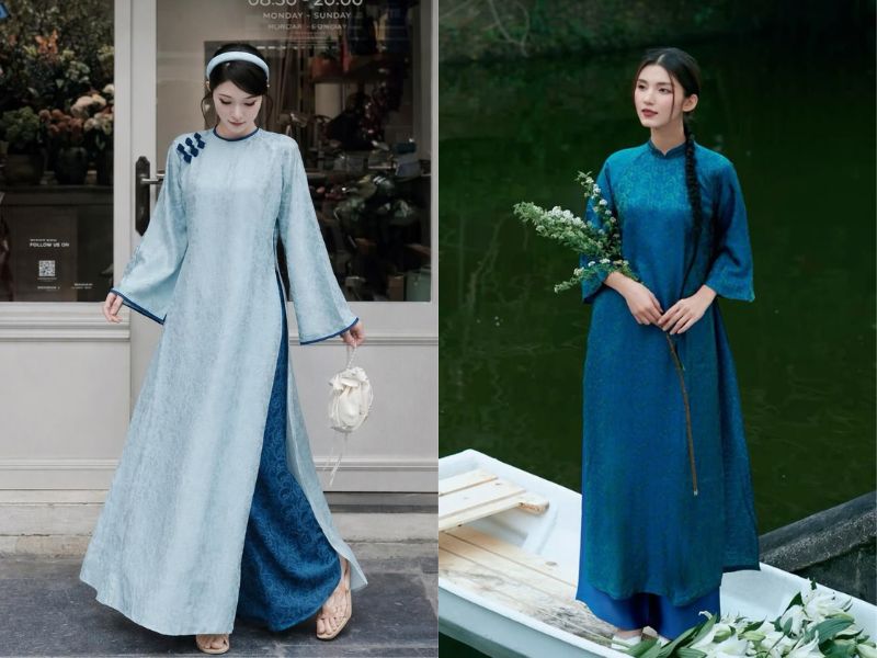 áo dài xanh lam nhạt phối với quần màu xanh đậm