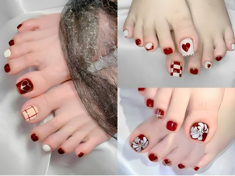 Mẫu nail chân đỏ Tết đẹp