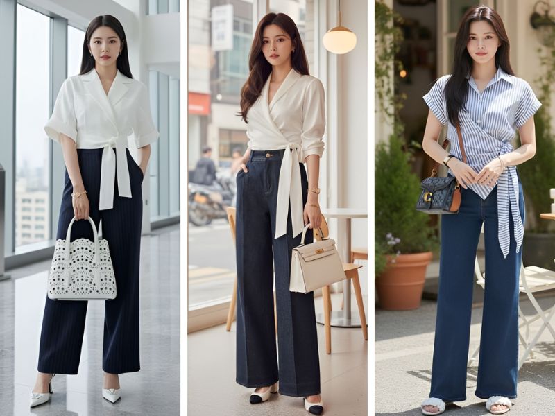 Phối áo sơ mi quấn eo với quần ống suông