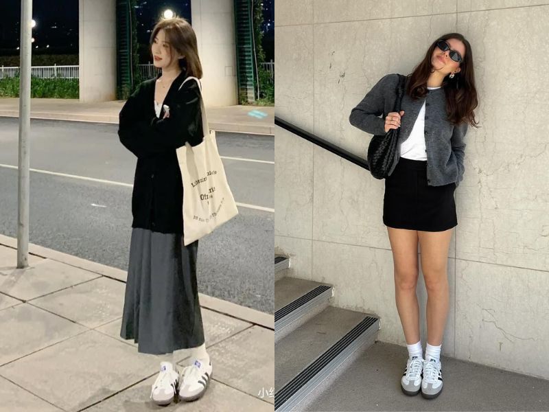 áo cardigan với chân váy chữ a và giày thể thao