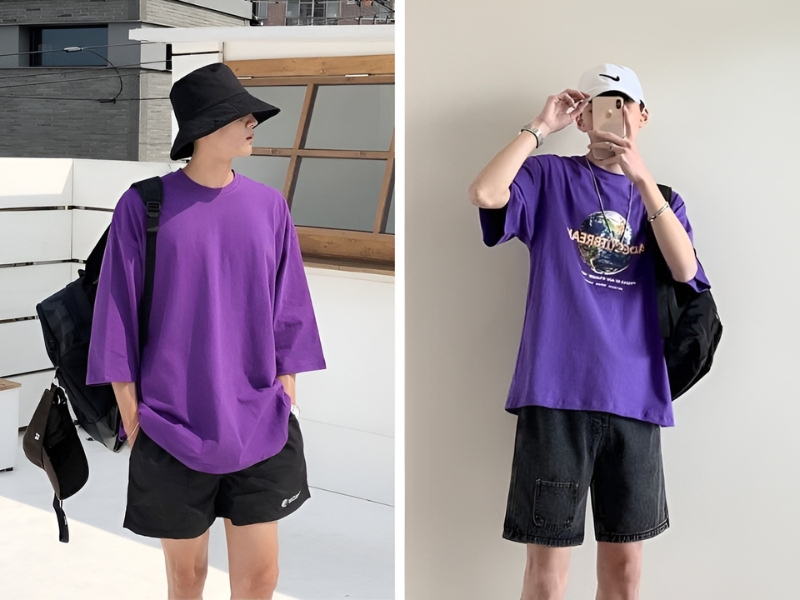 Phối áo phông tím và quần short đen 