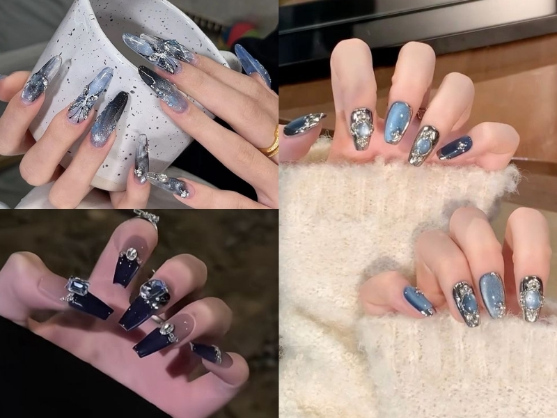 Nail xanh đen ombre kết hợp đá nhỏ