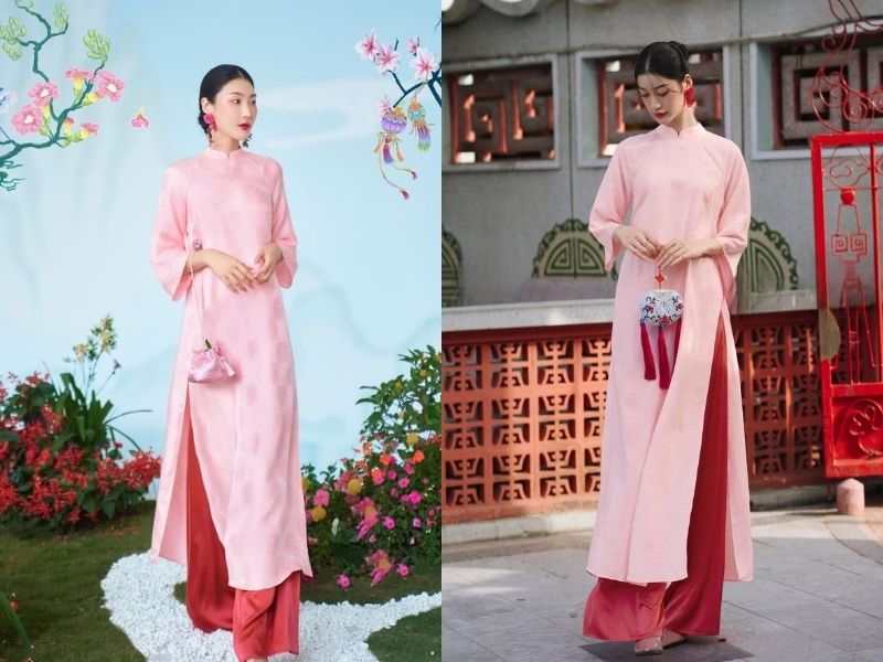 áo dài hồng pastel phối quần màu hồng sen 
