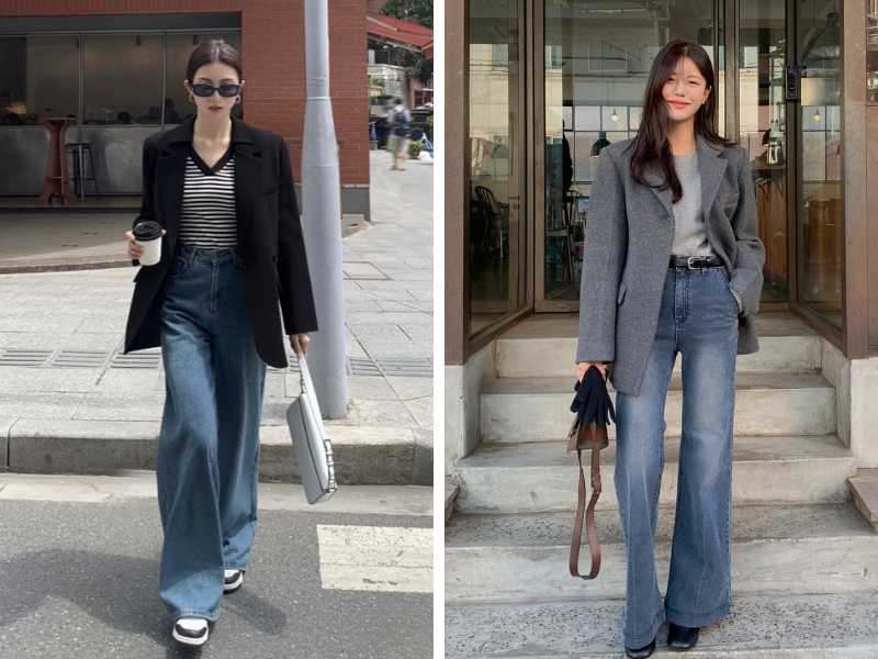 Áo blazer mix quần ống rộng và áo thun nữ