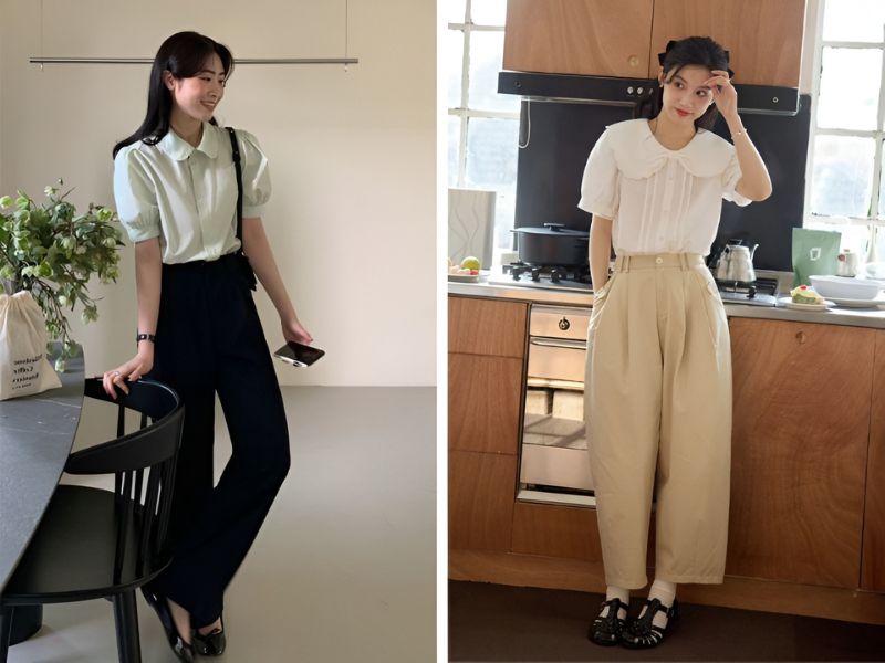 Phối quần ống suông và áo sơ mi cổ tròn