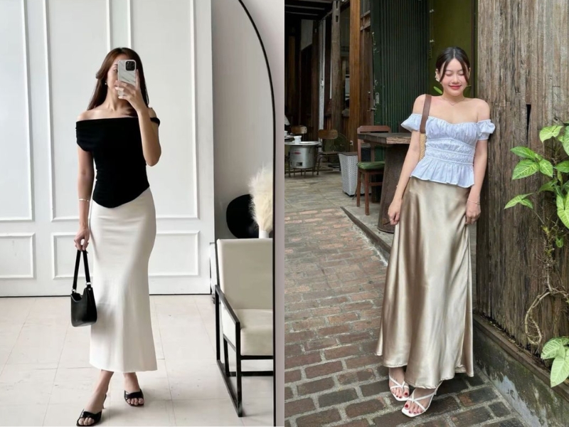 áo bẹt vai phối chân váy lụa đi tiệc