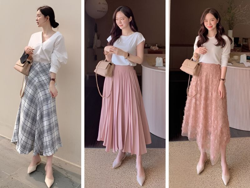 Phối giày bệt mũi nhọn và chân váy dài