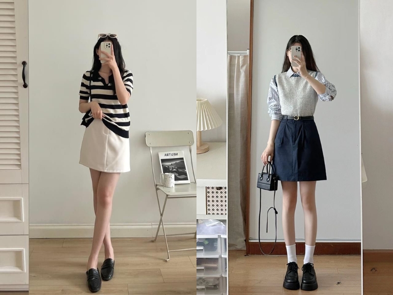 váy chữ A mang giày loafer