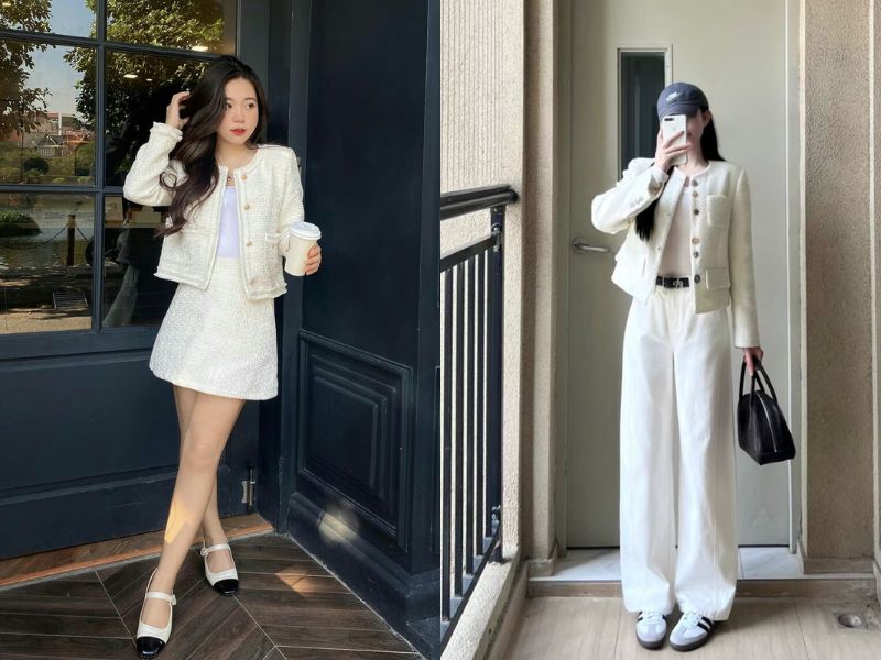set dạ tweed với chân váy hoặc quần